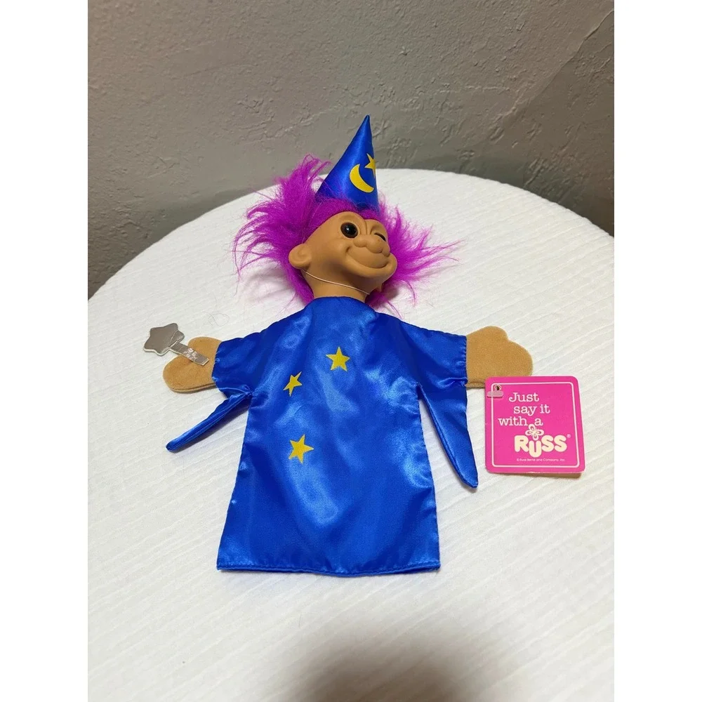 Vintage Russ Berrie Wizard Troll Hand Puppet Purple Hair Blue Robe NWT Plush